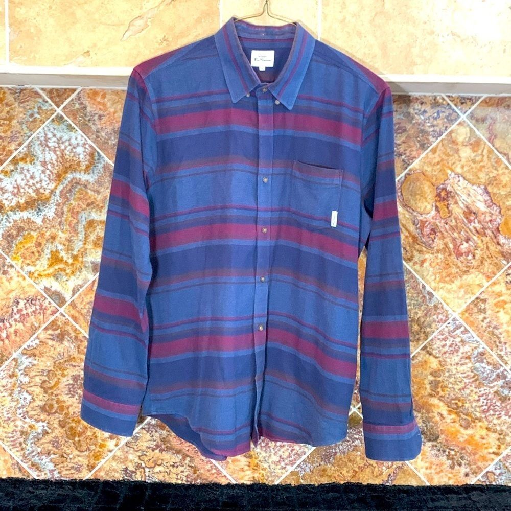 Ben Sherman Blue Burgundy Striped Button Down Shirt Mod 100% Cotton Size XL